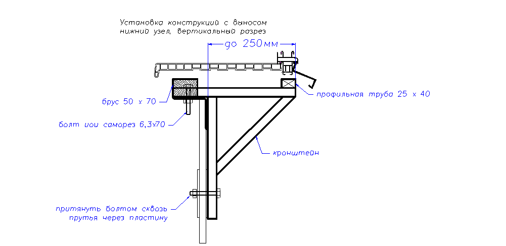 Установка конструкций с выносом, нижний узел ( вертикальный разрез)